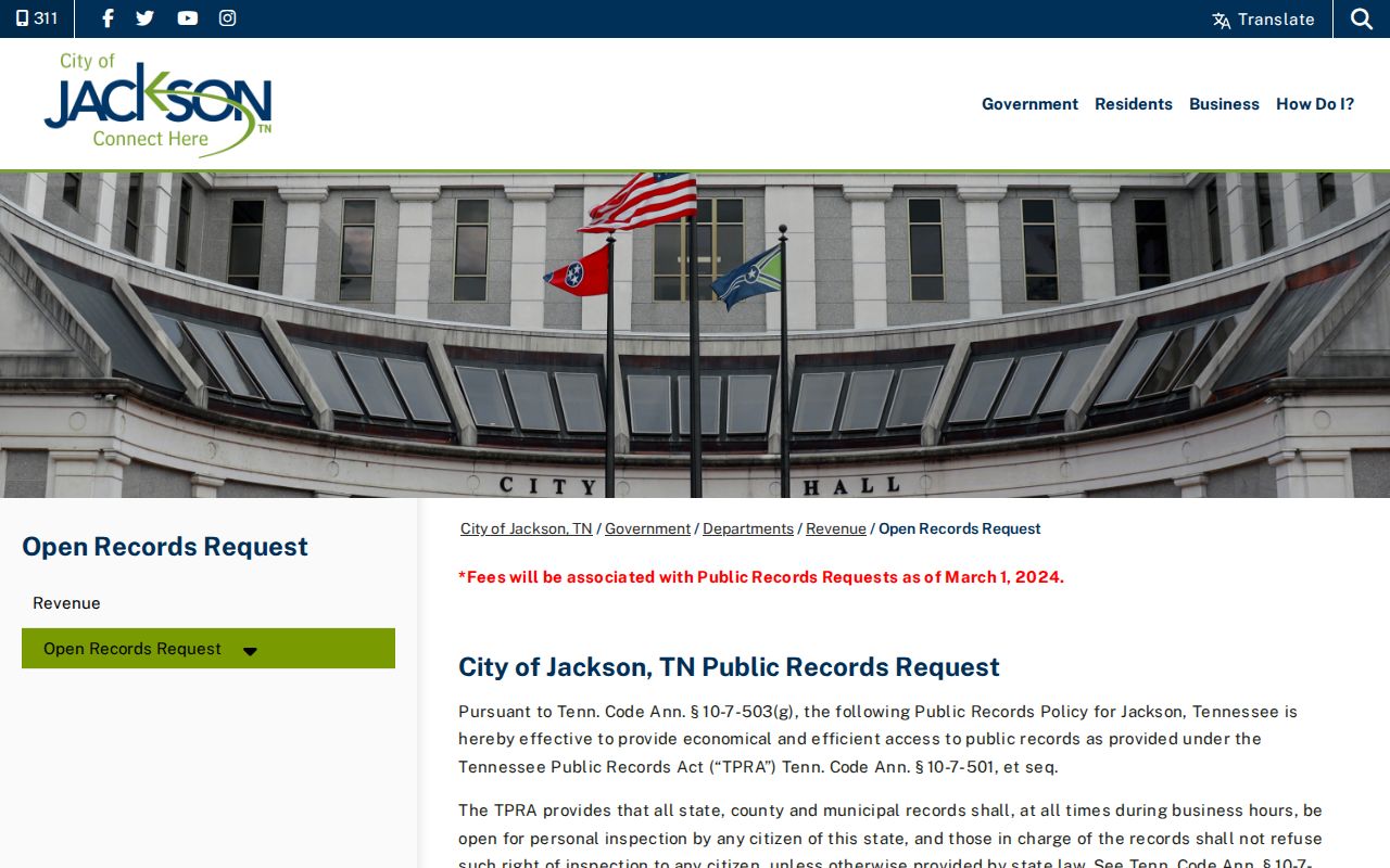 Jackson Tennessee open records request and NextRequest page