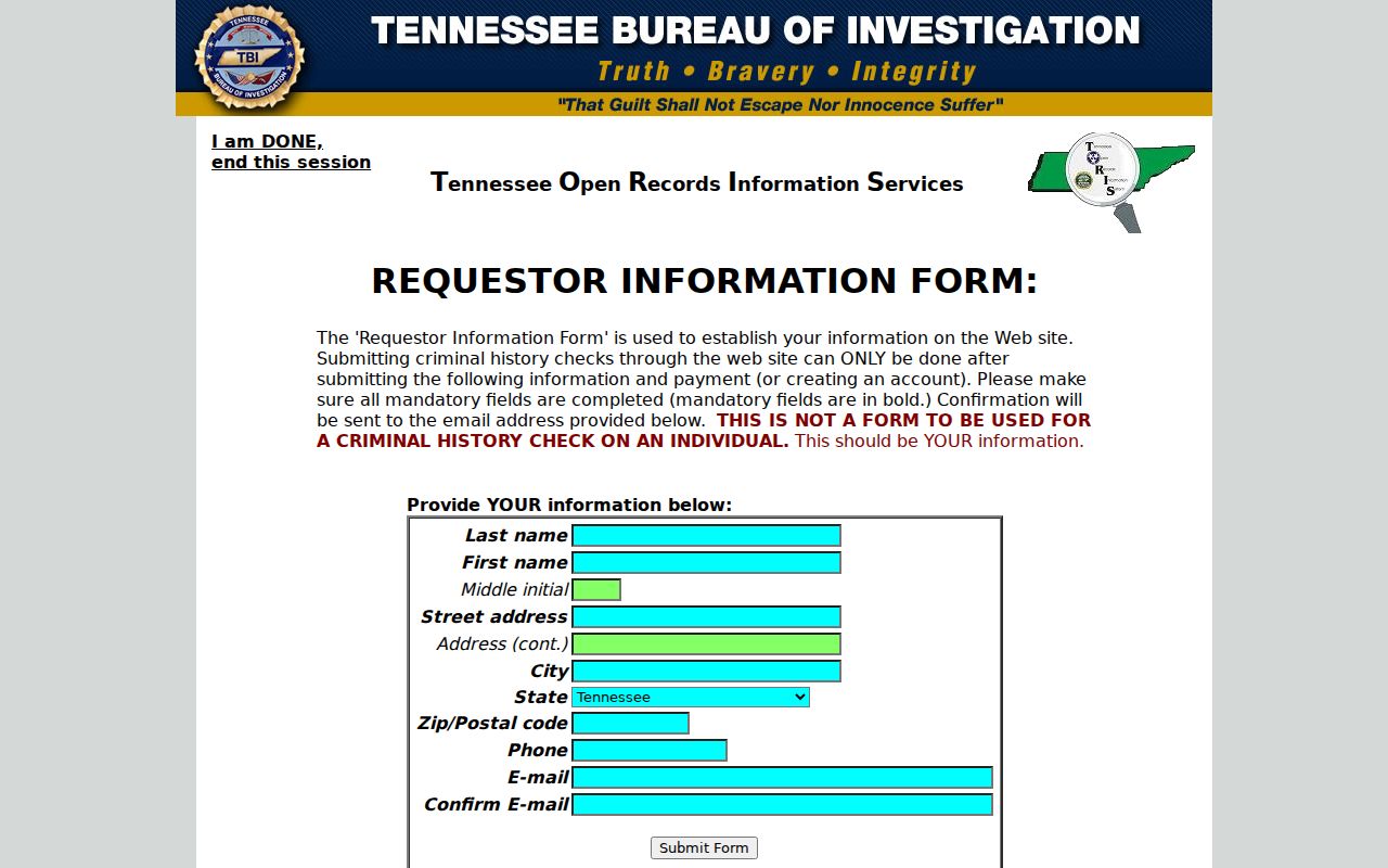 Madison County criminal record check requester fields in TN-FlexCheck