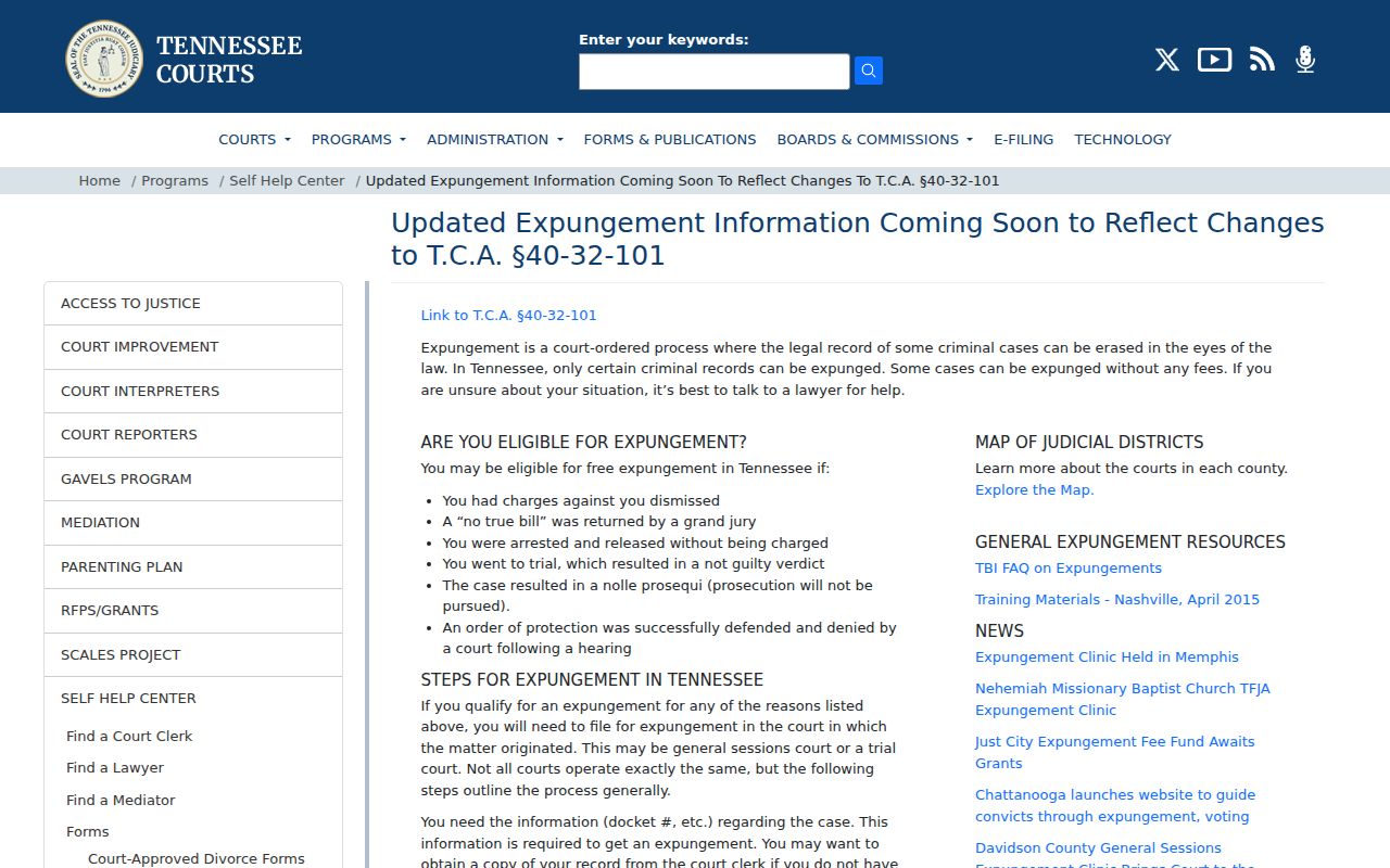 Madison County criminal record expunction information from Tennessee Courts