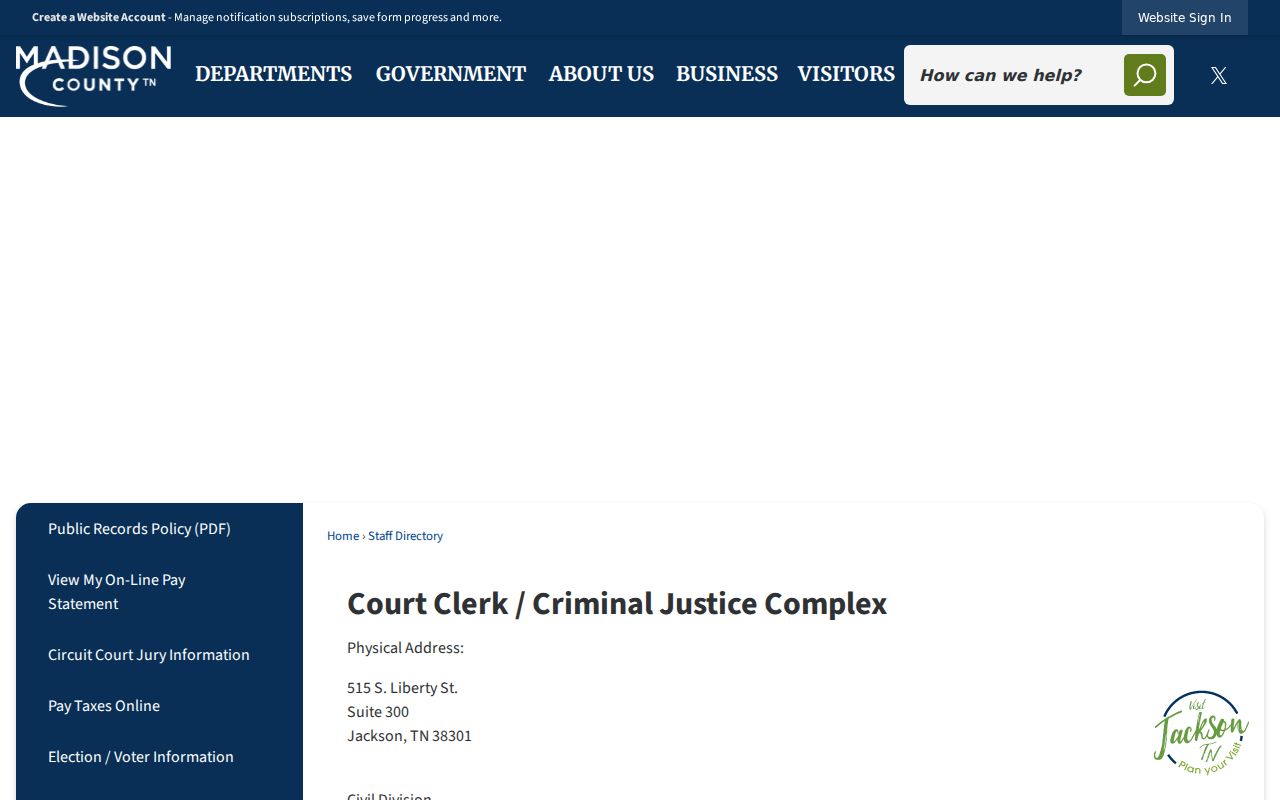 Madison County criminal history clerk directory at the Criminal Justice Complex
