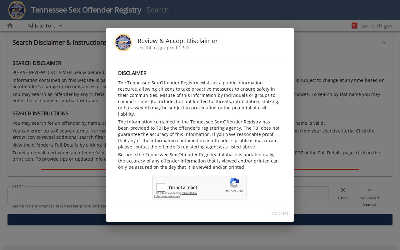 Madison County sex offender search form on the TBI registry
